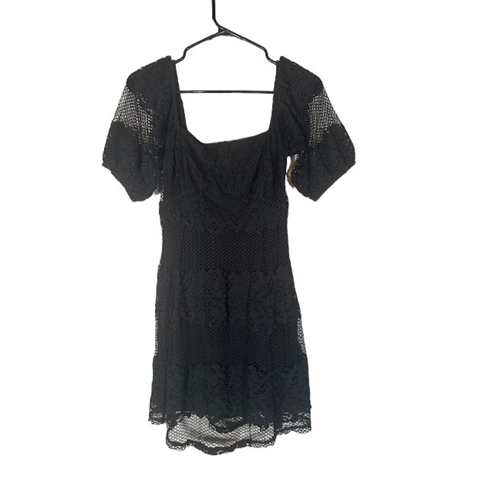 Free People Black Square Neck Puff Short Sleeve Lace Applique Blouse Women Sz XS